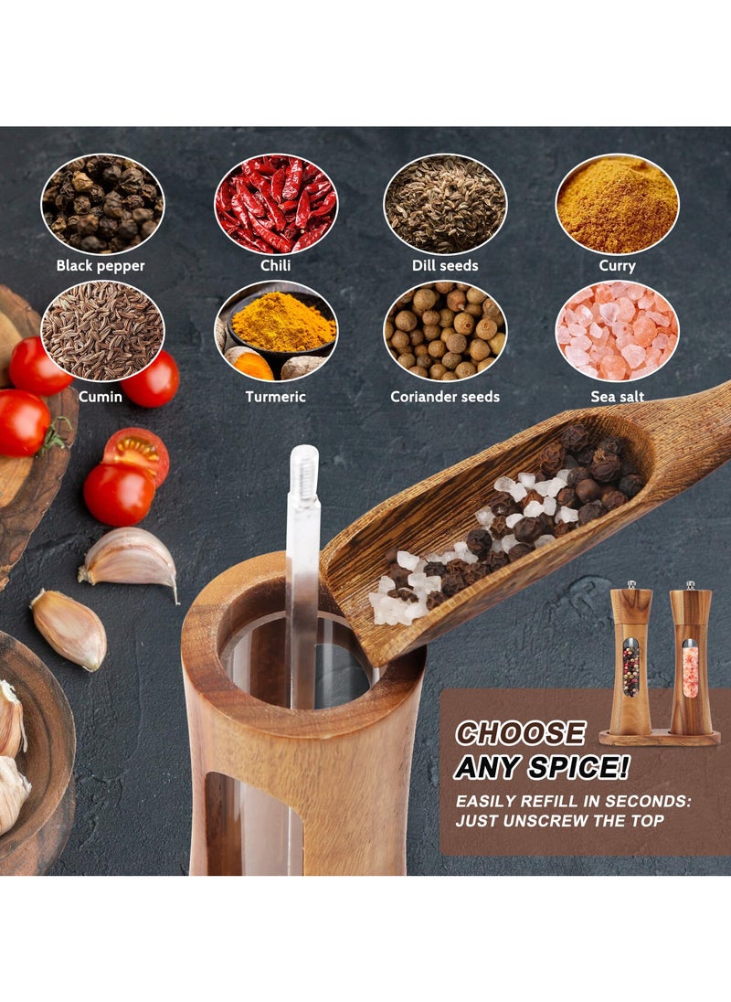 Wooden Salt and Pepper Grinder Set  5-Piece Manual Mill with Acacia Wood, Tray, and Accessories