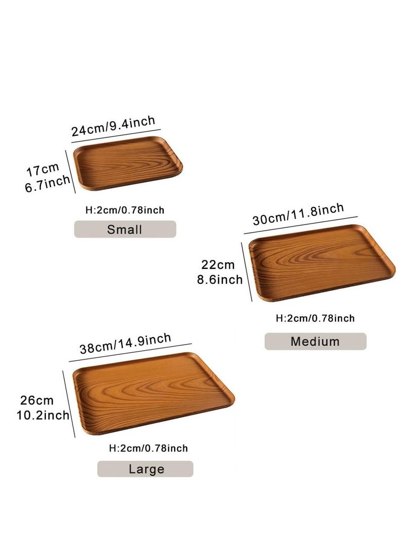 Plastic Rectangle Trays Set of 3, Wood Grain Non-Slip Base, Tray Organizer for Holding Fruit Bread Coffee Cosmetics Bathroom Table and Kitchen