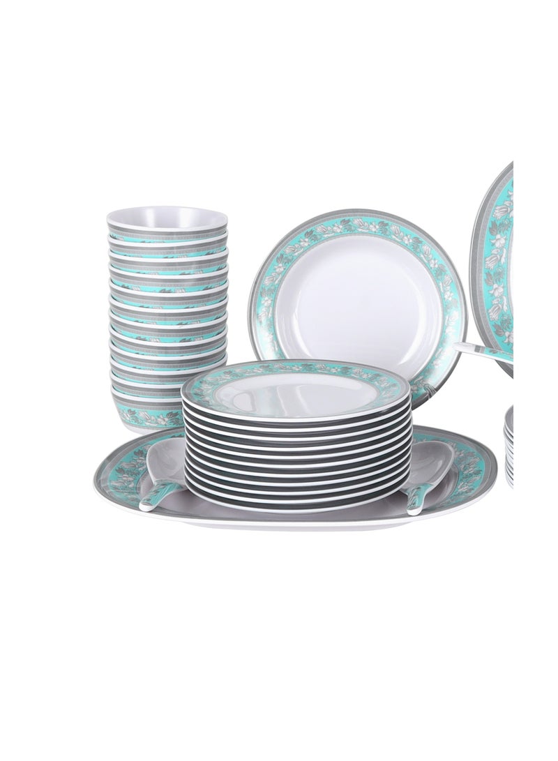 Royalford 70 Piece Melamineware Dinner Set- RF12676/ Includes Deep, Flat and Oval Plates, Serving Bowls and Rice Spoon, Soup Spoons and Ladle/ Dishwasher-Safe and Freezer-Friendly Multicolor