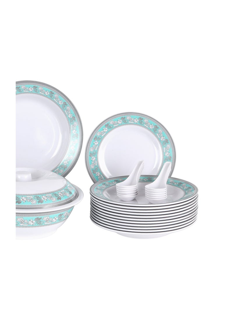 Royalford 70 Piece Melamineware Dinner Set- RF12676/ Includes Deep, Flat and Oval Plates, Serving Bowls and Rice Spoon, Soup Spoons and Ladle/ Dishwasher-Safe and Freezer-Friendly Multicolor