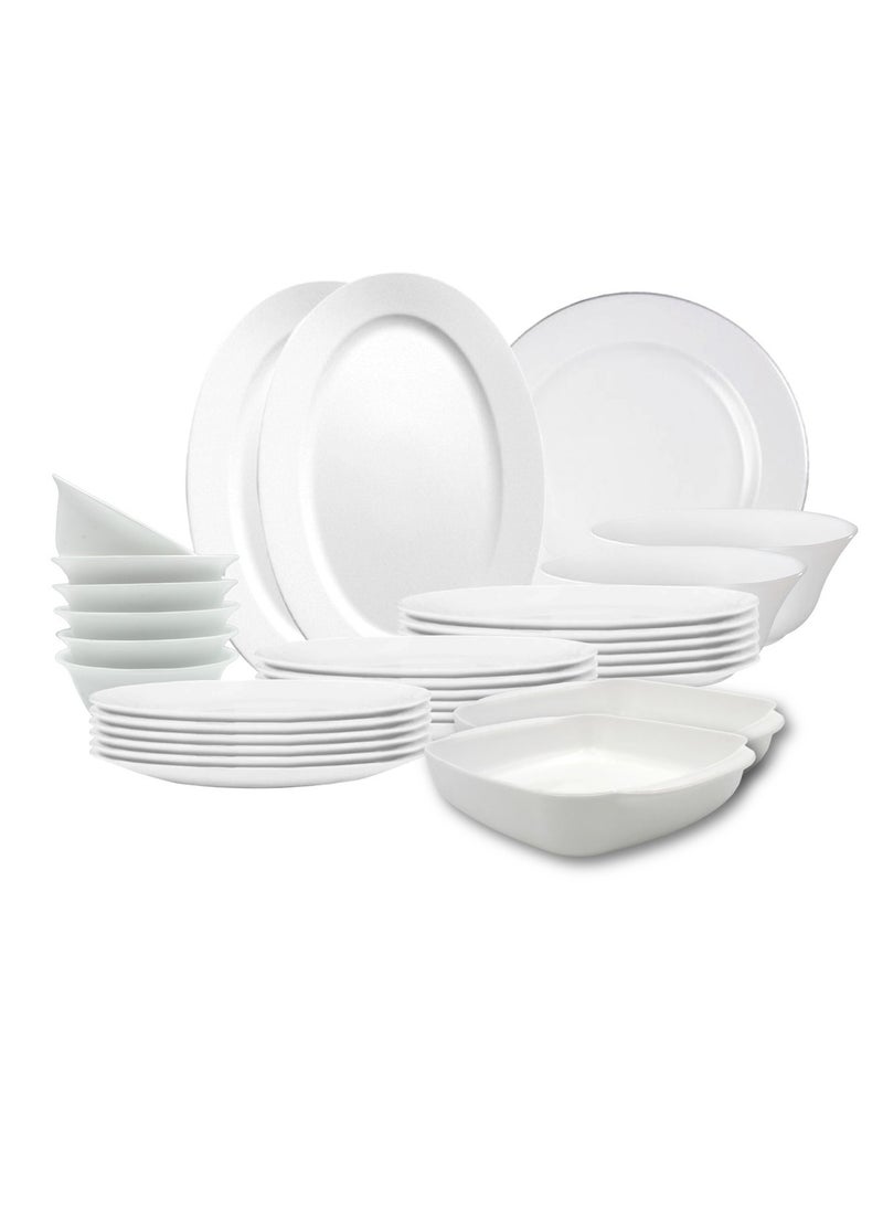 Melrich 38 Pcs Opal ware Dinner Set Dishwasher safe Microwave safe Freezer safe 8 Dinner plate 8 Dessert plate 8 Soup plate 8 bowl 2 Large bowl 2 Serving plate 2 Grill tray BPA free