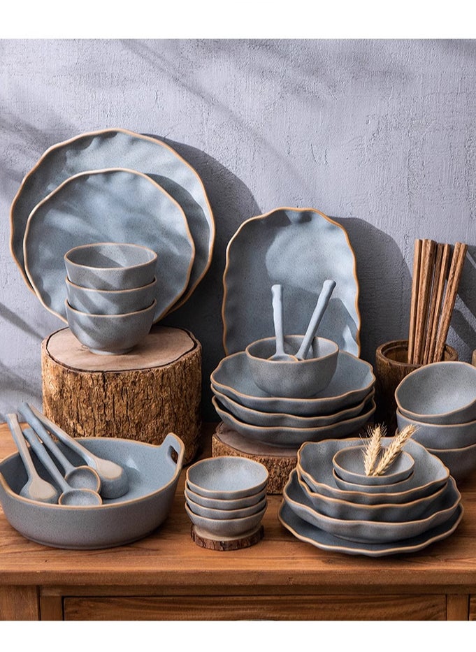 32-Piece Premium Porcelain Dinnerware Set for 6 People - Includes Bowls, Plates, Sauce Dishes, Chopsticks, Spoons, and Oval Serving Platter - Elegant and Durable for Everyday Dining or Special Occasions