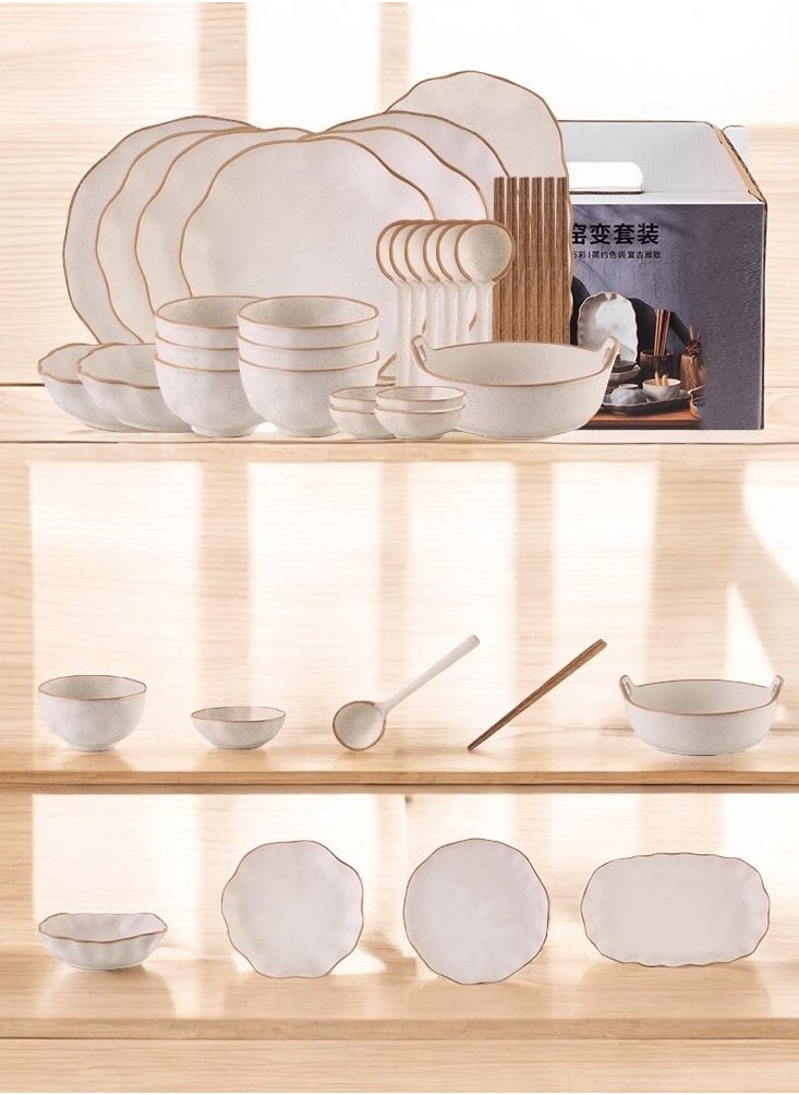 32-Piece Premium Porcelain Dinnerware Set for 6 People - Includes Bowls, Plates, Sauce Dishes, Chopsticks, Spoons, and Oval Serving Platter - Elegant and Durable for Everyday Dining or Special Occasions