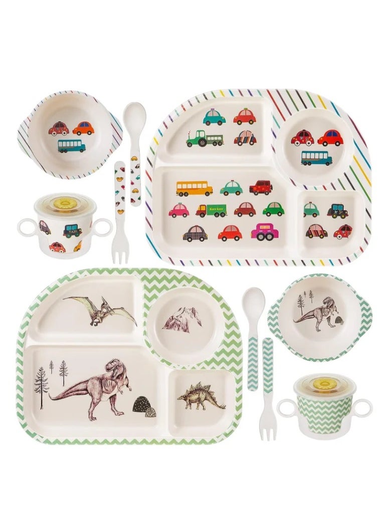 Bamboo Fiber Baby Dinnerware Set, Food Plate Bowl Cup Spoon Fork Set Dishware, BPA Free Dishwasher Safe Cartoon Tableware for Kids, Set of 5 Pcs, Car Pattern