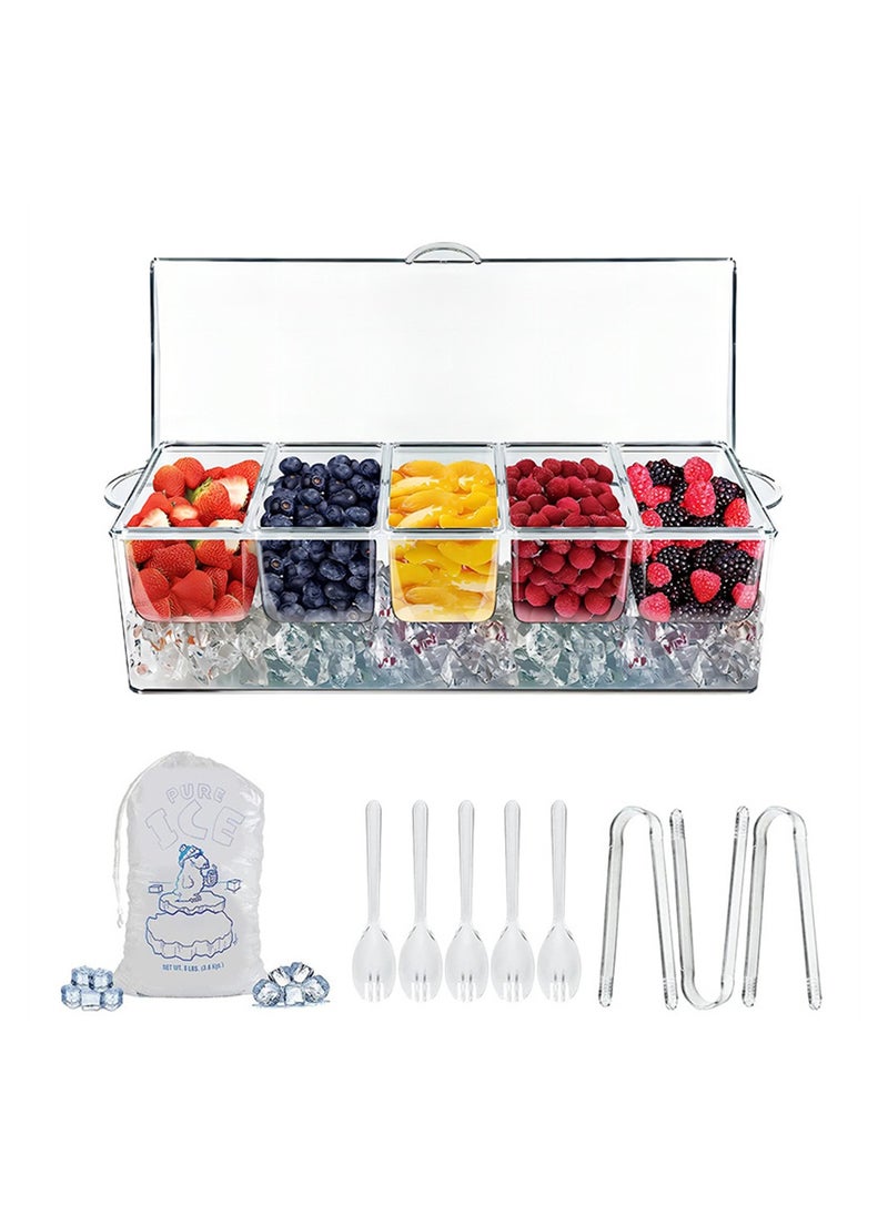 Chilled Condiment Server with Lid 5 Compartment Clear Serving Tray Ideal for Parties Fruits Snacks and Sauces