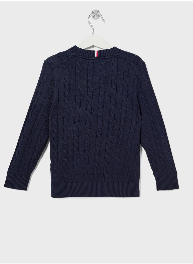 Youth Crew Neck Cotton Cable Sweater