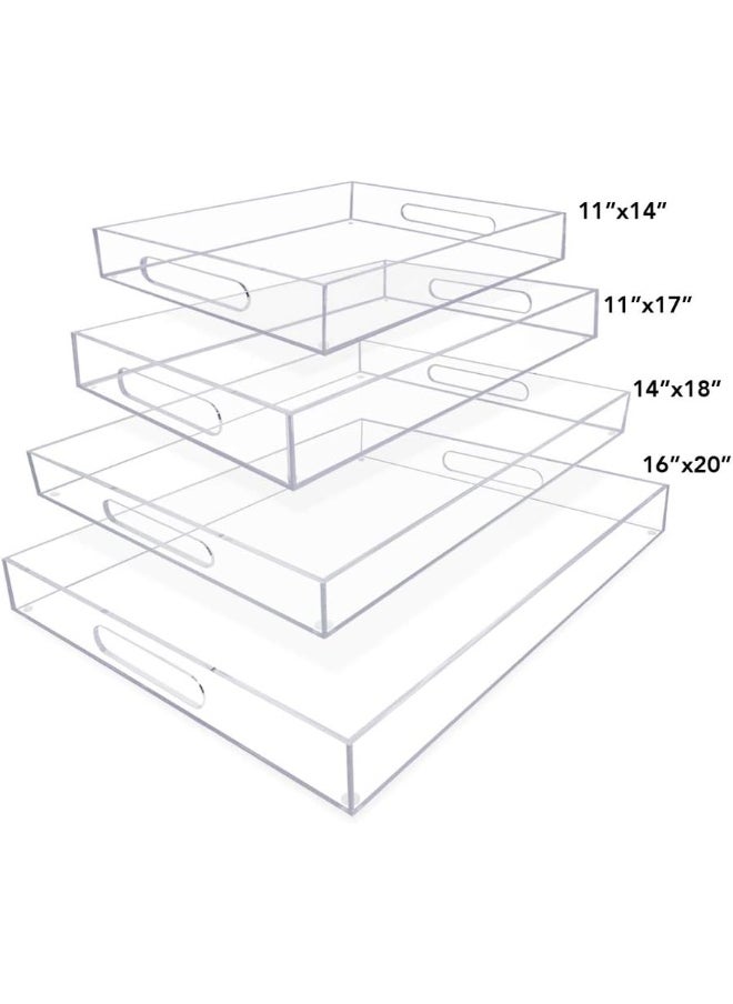 Clear Acrylic Serving Tray (11x17) with Cutout Handles, Spill-Proof, Stackable Organizer, Space-Saver, Food & Drinks Server, Indoors/Outdoors, Lucite Storage Décor & More