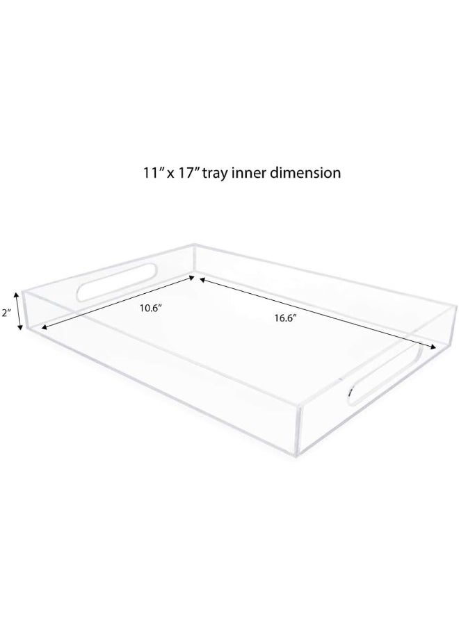 Clear Acrylic Serving Tray (11x17) with Cutout Handles, Spill-Proof, Stackable Organizer, Space-Saver, Food & Drinks Server, Indoors/Outdoors, Lucite Storage Décor & More