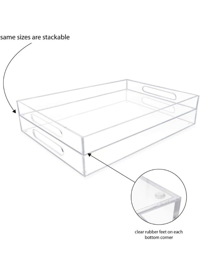 Clear Acrylic Serving Tray (11x17) with Cutout Handles, Spill-Proof, Stackable Organizer, Space-Saver, Food & Drinks Server, Indoors/Outdoors, Lucite Storage Décor & More