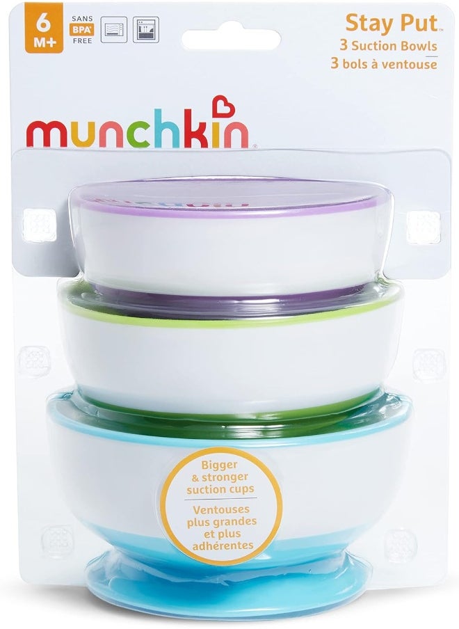 Munchkin Stay Put Suction Bowls for Baby and Toddler, 3 Pack, Blue/Green/Purple