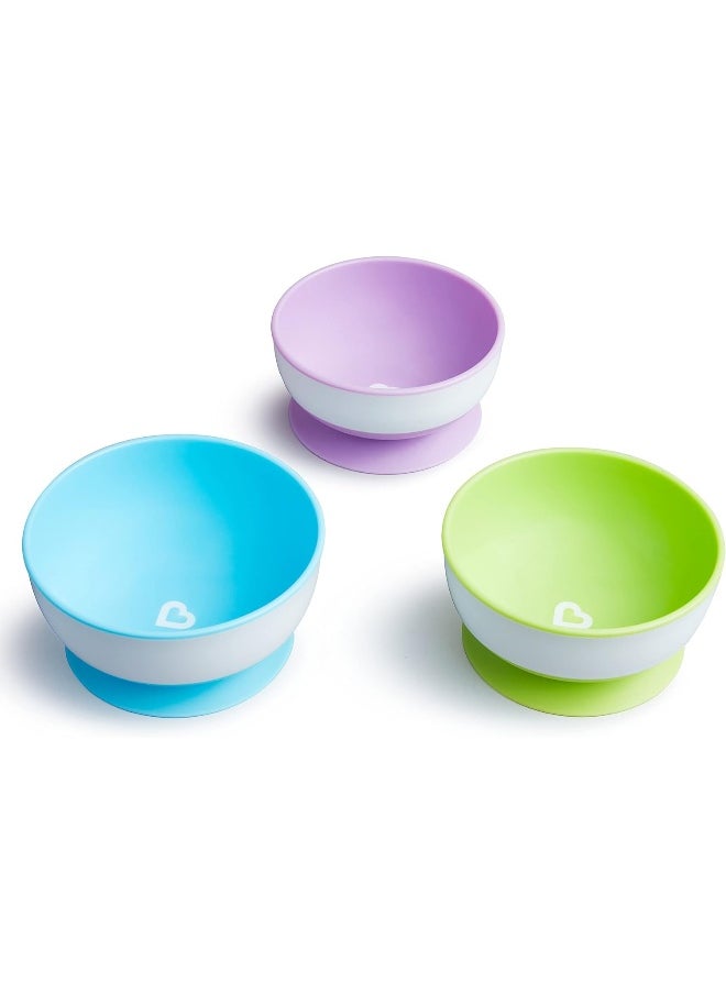 Munchkin Stay Put Suction Bowls for Baby and Toddler, 3 Pack, Blue/Green/Purple