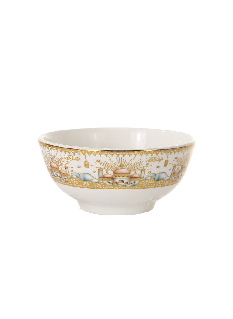 Liying Ramadan Design Set of 6 Ceramic Soup Bowls, Cereals, Rice, Pasta, Salad Oatmeal, Thick-edge Non-slip Design with ramadan designs, gold and white color H-7cm, W-11cm, L-11cm (Small) | Orange