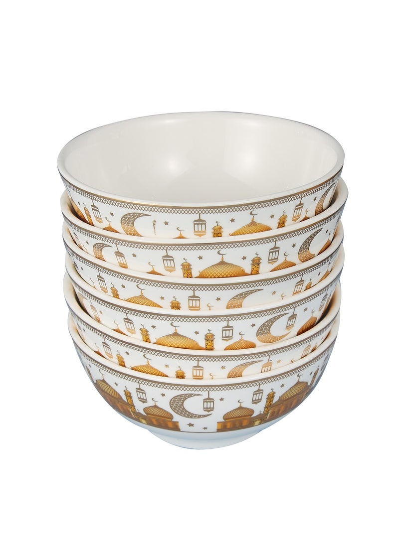 Liying Ramadan Design Set of 6 Ceramic Soup Bowls, Cereals, Rice, Pasta, Salad Oatmeal, Thick-edge Non-slip Design with ramadan designs, gold and white color H-7cm, W-11cm, L-11cm (Small) | Yellow