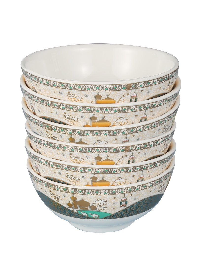 Liying Ramadan Design Set of 6 Ceramic Soup Bowls, Cereals, Rice, Pasta, Salad Oatmeal, Thick-edge Non-slip Design with ramadan designs, gold and white color H-7cm, W-11cm, L-11cm (Small) | Green