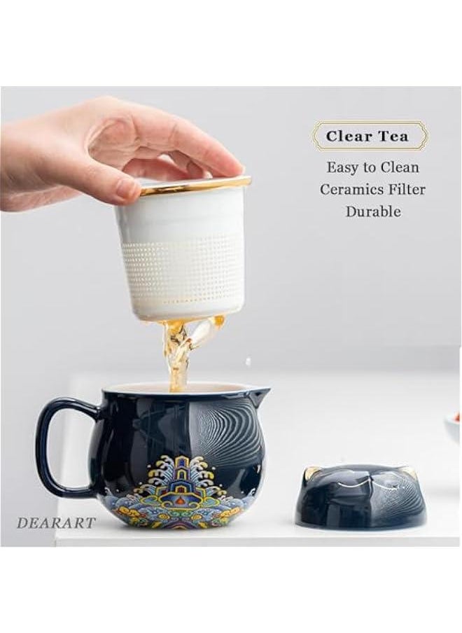 Elegant Cat Design Tea Mug with Lid Filter, 10.8oz Capacity Keeps Beverages Hot, Ideal for Steeping Loose Leaf Tea or Coffee, Dark Blue Color, Easy to Clean and Use