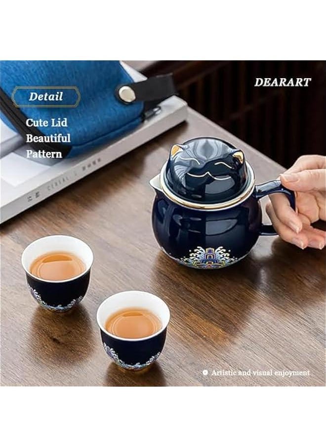 Elegant Cat Design Tea Mug with Lid Filter, 10.8oz Capacity Keeps Beverages Hot, Ideal for Steeping Loose Leaf Tea or Coffee, Dark Blue Color, Easy to Clean and Use