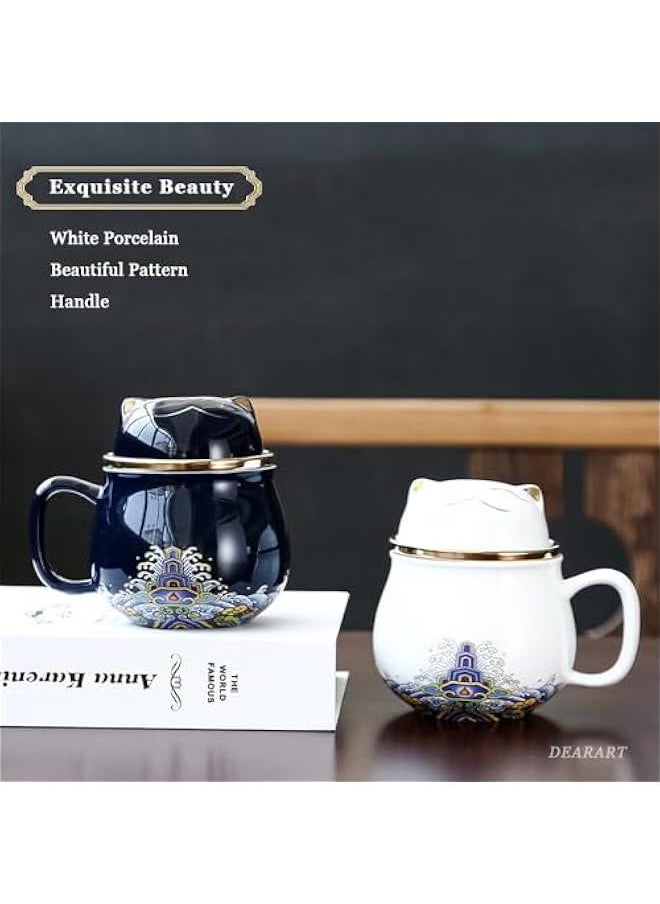 Elegant Cat Design Tea Mug with Lid Filter, 10.8oz Capacity Keeps Beverages Hot, Ideal for Steeping Loose Leaf Tea or Coffee, Dark Blue Color, Easy to Clean and Use