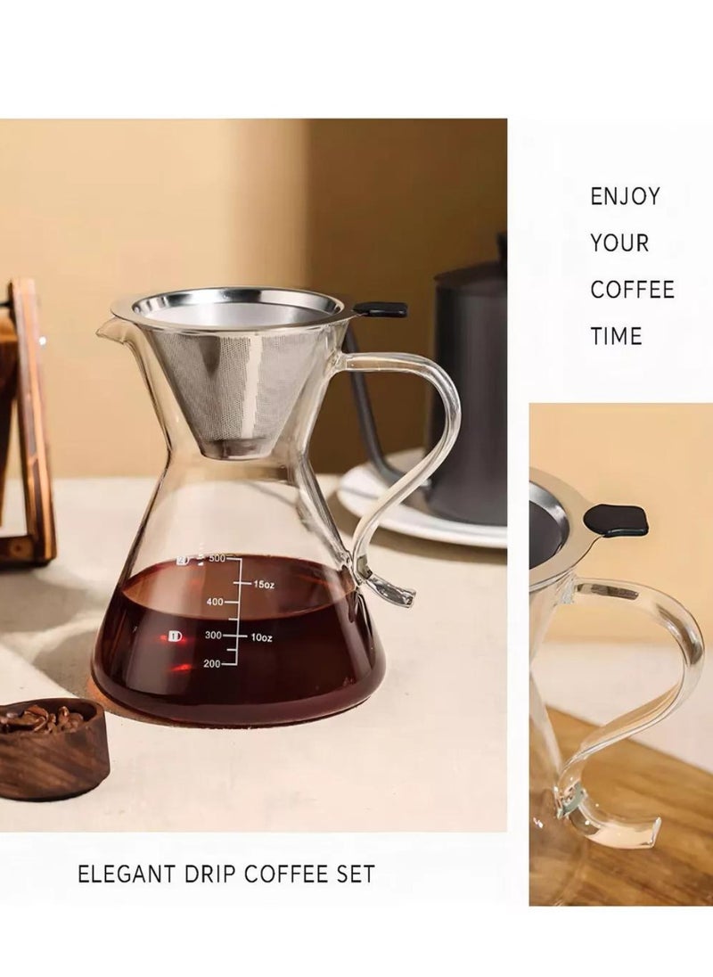 1CHASE Borosilicate Heat Resistant Glass Coffee Server Pot with Filter For Pour Over Coffee Maker 500 ML