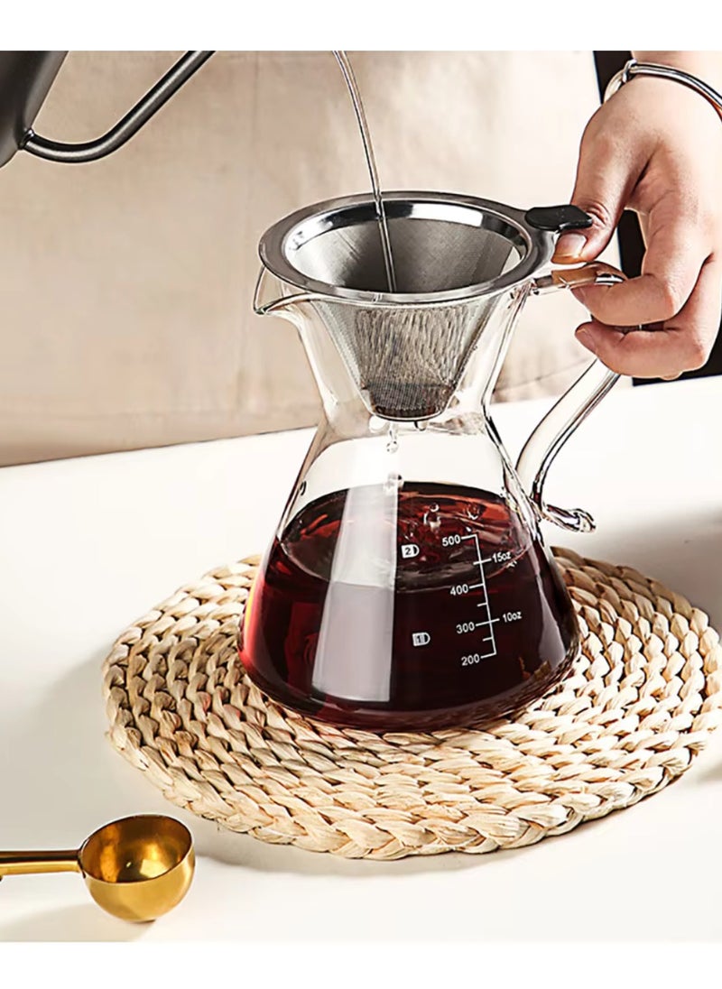 1CHASE Borosilicate Heat Resistant Glass Coffee Server Pot with Filter For Pour Over Coffee Maker 500 ML