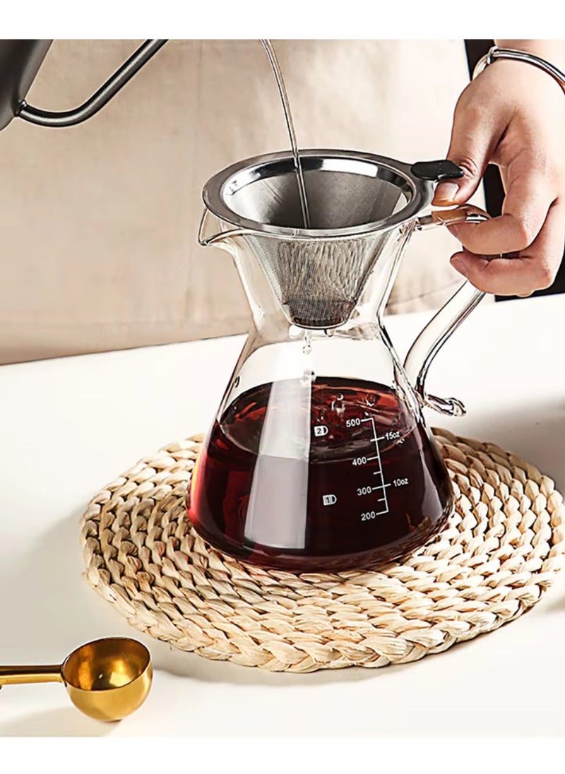 Borosilicate Heat Resistant Glass Coffee Server Pot with Filter For Pour Over Coffee Maker 500 ML