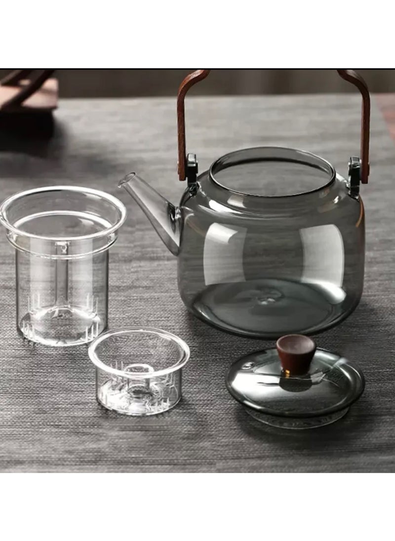 Glass Teapot with Wooden Handle, 2 Cups, Stainless Steel Spoon, and Wooden Coaster, Stovetop Safe Tea Kettle with Removable Infuser for Blooming and Loose Leaf Tea, 1200 ML