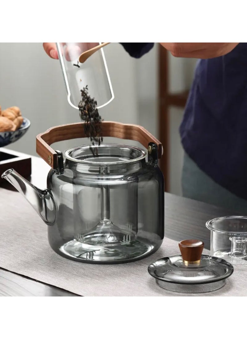 Glass Teapot with Wooden Handle, 2 Cups, Stainless Steel Spoon, and Wooden Coaster, Stovetop Safe Tea Kettle with Removable Infuser for Blooming and Loose Leaf Tea, 1200 ML