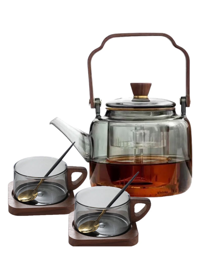 Glass Teapot with Wooden Handle, 2 Cups, Stainless Steel Spoon, and Wooden Coaster, Stovetop Safe Tea Kettle with Removable Infuser for Blooming and Loose Leaf Tea, 1200 ML