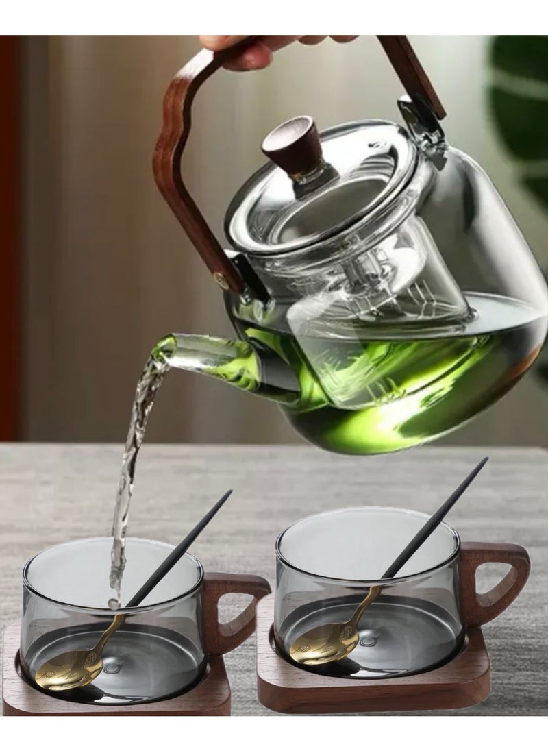 Glass Teapot with Wooden Handle, 2 Cups, Stainless Steel Spoon, and Wooden Coaster, Stovetop Safe Tea Kettle with Removable Infuser for Blooming and Loose Leaf Tea, 1200 ML