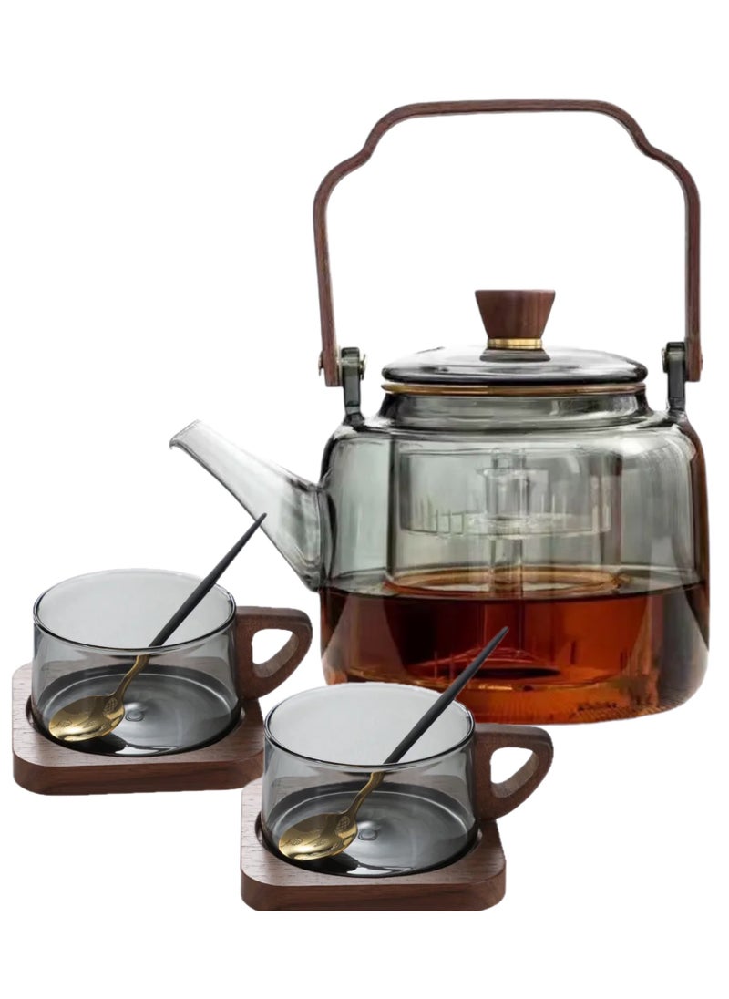Glass Teapot with Wooden Handle, 2 Cups, Stainless Steel Spoon, and Wooden Coaster, Stovetop Safe Tea Kettle with Removable Infuser for Blooming and Loose Leaf Tea, 1200 ML