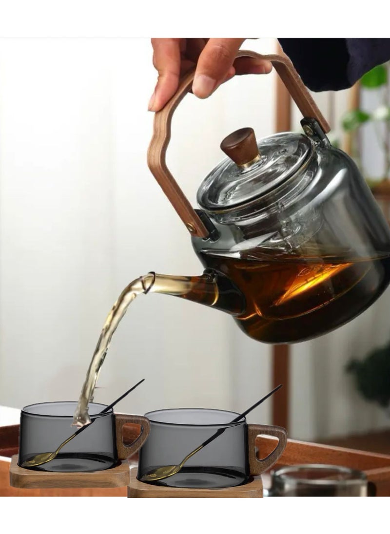 Glass Teapot with Wooden Handle, 2 Cups, Stainless Steel Spoon, and Wooden Coaster, Stovetop Safe Tea Kettle with Removable Infuser for Blooming and Loose Leaf Tea, 1200 ML