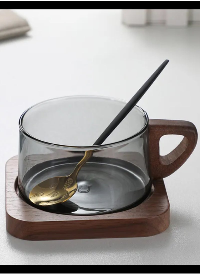 Glass Teapot with Wooden Handle, 2 Cups, Stainless Steel Spoon, and Wooden Coaster, Stovetop Safe Tea Kettle with Removable Infuser for Blooming and Loose Leaf Tea, 1200 ML