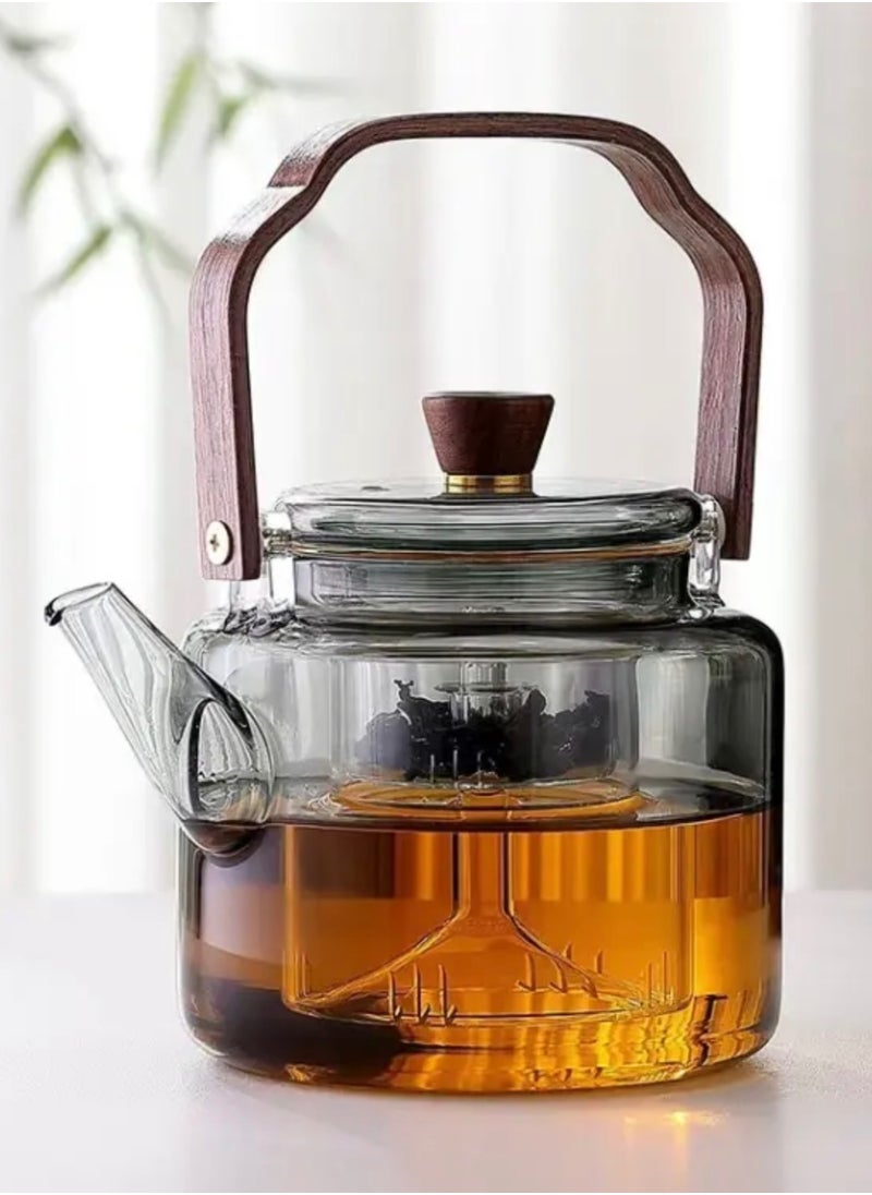 Glass Teapot with Wooden Handle, 2 Cups, Stainless Steel Spoon, and Wooden Coaster, Stovetop Safe Tea Kettle with Removable Infuser for Blooming and Loose Leaf Tea, 1200 ML