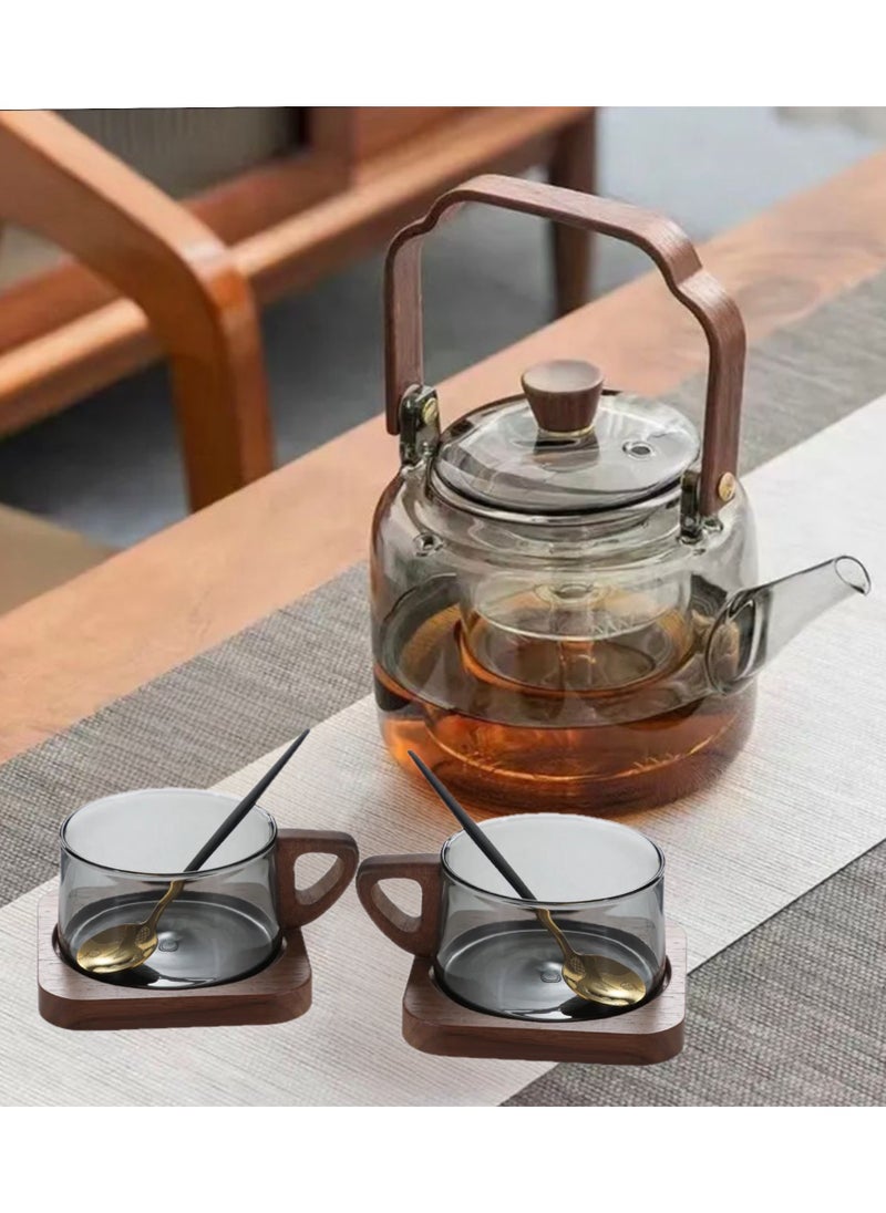 Glass Teapot with Wooden Handle, 2 Cups, Stainless Steel Spoon, and Wooden Coaster, Stovetop Safe Tea Kettle with Removable Infuser for Blooming and Loose Leaf Tea, 1200 ML