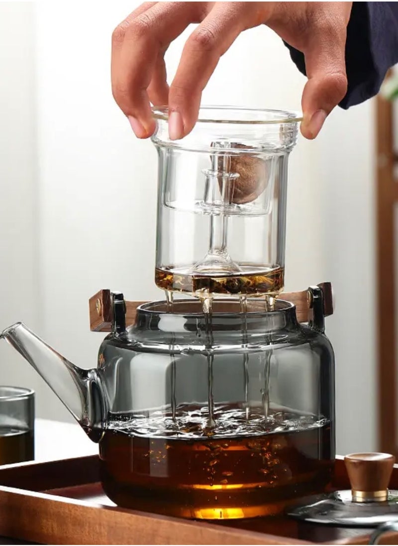Glass Teapot with Wooden Handle, 2 Cups, Stainless Steel Spoon, and Wooden Coaster, Stovetop Safe Tea Kettle with Removable Infuser for Blooming and Loose Leaf Tea, 1200 ML