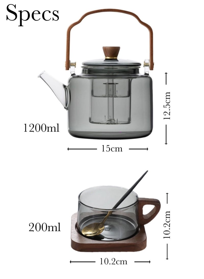 Glass Teapot with Wooden Handle, 2 Cups, Stainless Steel Spoon, and Wooden Coaster, Stovetop Safe Tea Kettle with Removable Infuser for Blooming and Loose Leaf Tea, 1200 ML