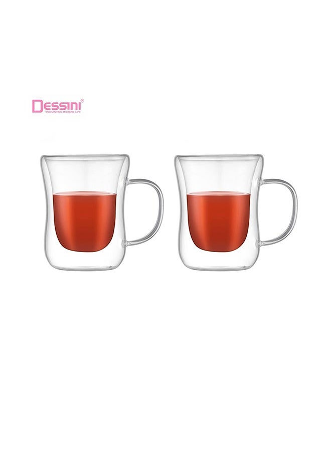 Dessini 2 pieces Double Wall Insulated Glass Mugs with Handle for Drinkware Coffee Tea Heat Resistant 250ml KD570