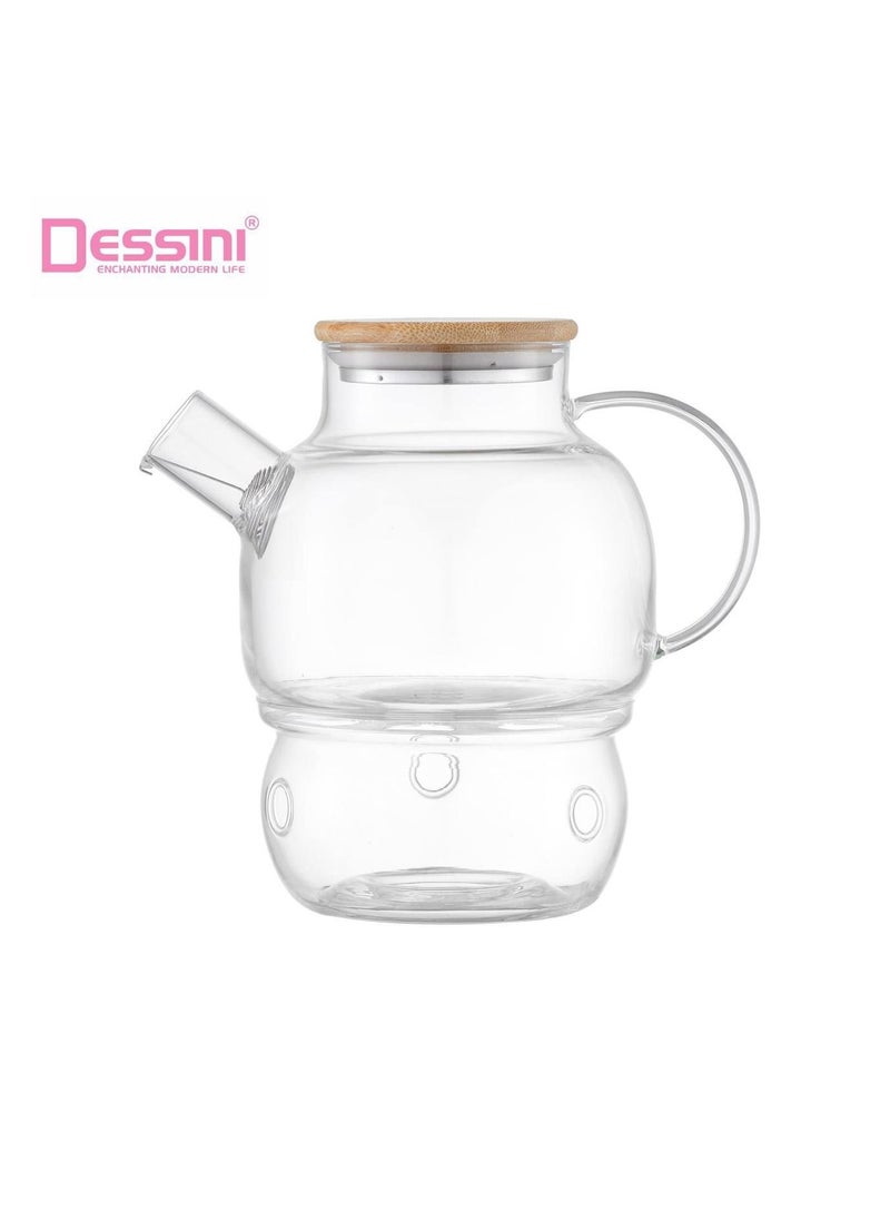 Dessini 1000ml Borosilicate Glass Teapot with Bamboo Lid and Tea Warmer KD550