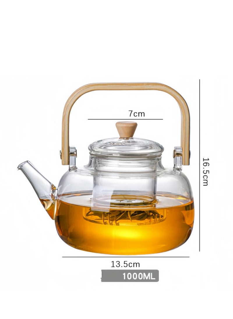 1000ml Glass Teapot With Glass Infuser, Teapot With Strainer For Loose Tea, Safe On Stovetop, Tea Pot With Bamboo Handle