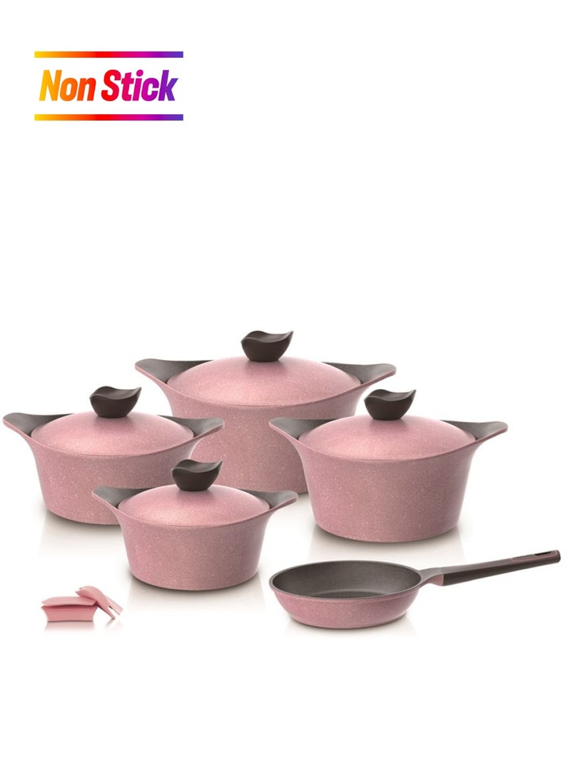 Aeni Cooking Set 11 Pieces Nonstick Diecasted Aluminum Stockpot18 20 24 28 Frypan Pink Marble