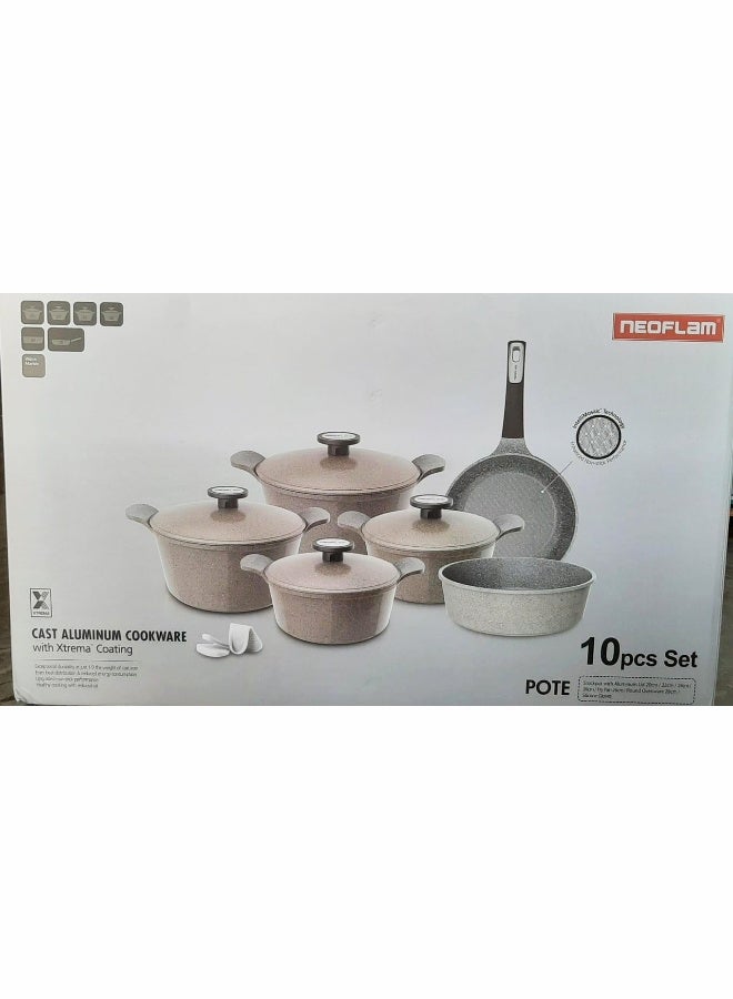 Pote Cookware Set 10 Pieces Decasted Aluminum Marble Coating Items Sizes Pots 20 Cm 22 Cm 24 Cm 28 Cm Frypan 26 Cm Round Ovenware 28 Marble