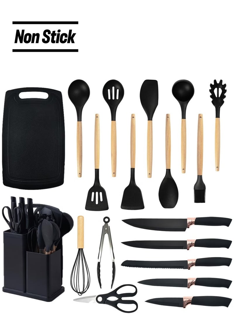 19 PCS Cooking Utensils Set – Heat Resistant Silicone Spatula Set, 6-Piece Sharp Knife Set, 2 Cutting Boards, and More – Complete Black Kitchen Tool Set