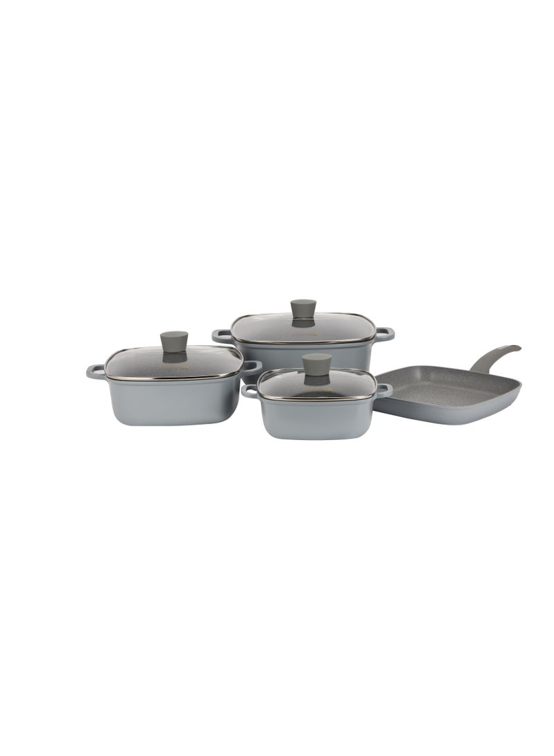 Royalford 7-Piece Die-Cast Aluminum Cookware Set- RF12487/ Granite Coated with 2.2 mm Thickness, Induction Base, Handles and Glass Lid Grey