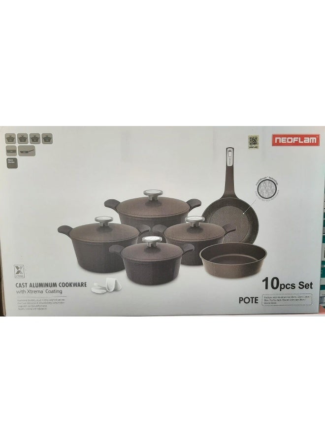 Pote Cookware Set 10 Pieces Decasted Aluminum Marble Coating Items Sizes Pots 20 Cm 22 Cm 24 Cm 28 Cm Frypan 26 Cm Round Ovenware 28 Brown