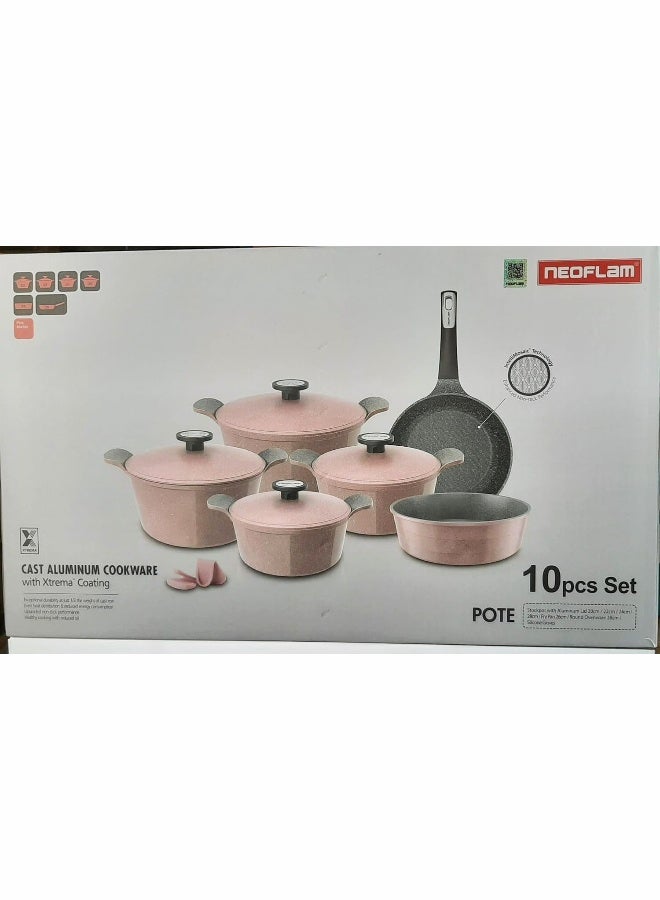 Pote Cookware Set 10 Pieces Decasted Aluminum Marble Coating Items Sizes Pots 20 Cm 22 Cm 24 Cm 28 Cm Frypan 26 Cm Round Ovenware 28 Pink