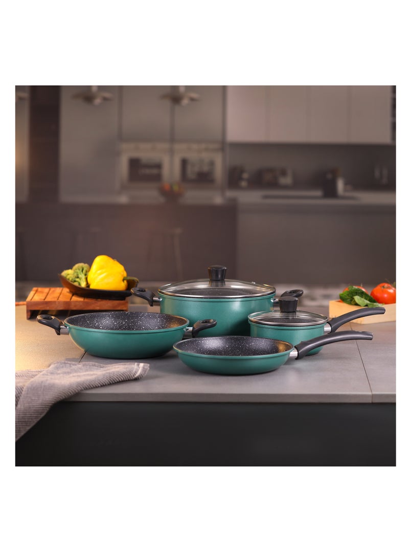 Royalford Daisy 6-piece Forged Aluminum Cookware Set- RF12629/ Durable Nonstick Granite Coating with 5-Layer Construction, Dot Induction Bottom and Glass Lid/ Includes Kadai, Casserole, Saucepan, Fry Pan Turquoise Largecm