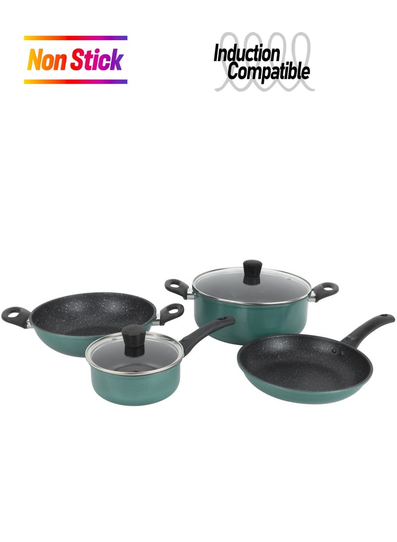 Royalford Daisy 6-piece Forged Aluminum Cookware Set- RF12629/ Durable Nonstick Granite Coating with 5-Layer Construction, Dot Induction Bottom and Glass Lid/ Includes Kadai, Casserole, Saucepan, Fry Pan Turquoise Largecm