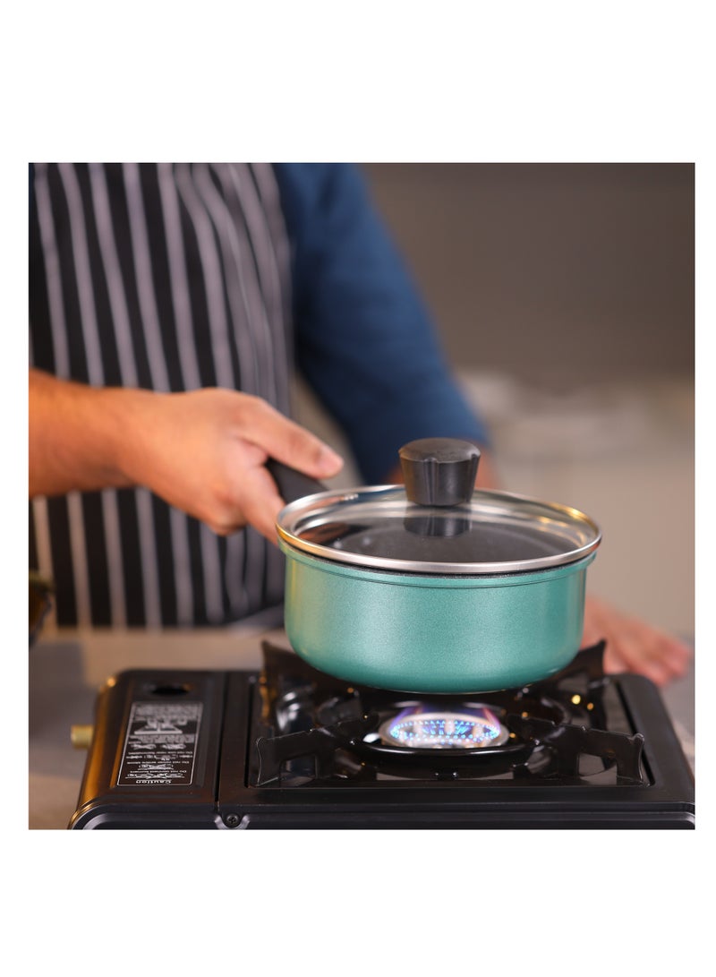 Royalford Daisy 6-piece Forged Aluminum Cookware Set- RF12629/ Durable Nonstick Granite Coating with 5-Layer Construction, Dot Induction Bottom and Glass Lid/ Includes Kadai, Casserole, Saucepan, Fry Pan Turquoise Largecm