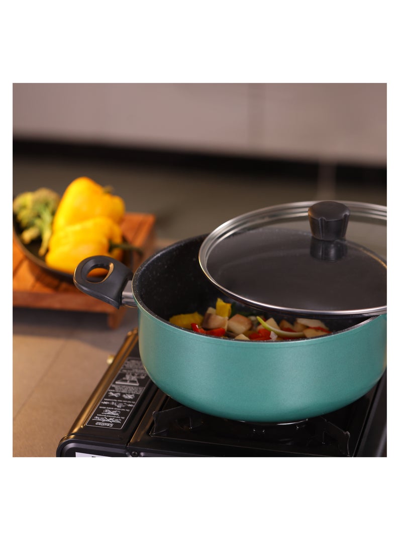 Royalford Daisy 6-piece Forged Aluminum Cookware Set- RF12629/ Durable Nonstick Granite Coating with 5-Layer Construction, Dot Induction Bottom and Glass Lid/ Includes Kadai, Casserole, Saucepan, Fry Pan Turquoise Largecm