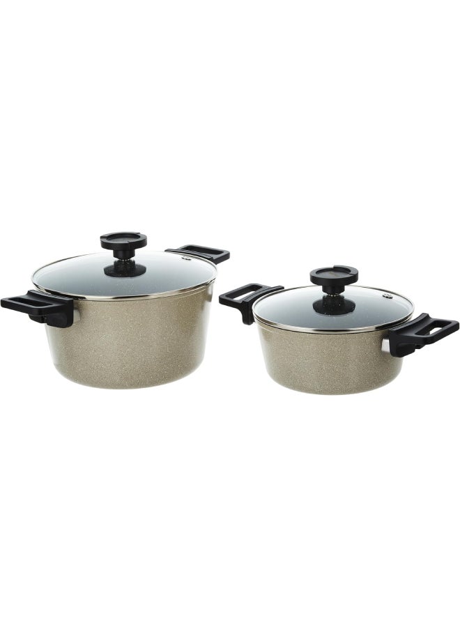 Reverse Forged Aluminum With Marble Coating Cookware Set With Glass Lid 7 Pieces Set (Pot 20 24 28cm Frypan 24cm) Warm Marble