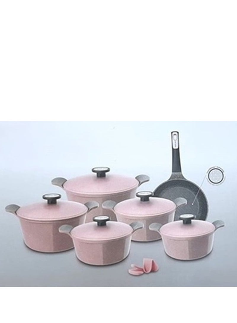 Pote Cooking Set 11 Pieces Sizes Pots 20 Cm 22 Cm 24 Cm 26 Cm 28 Cm Frypans 26 Cm Decast Aluminum With Ecolon Coating Marble Top Coating Pink